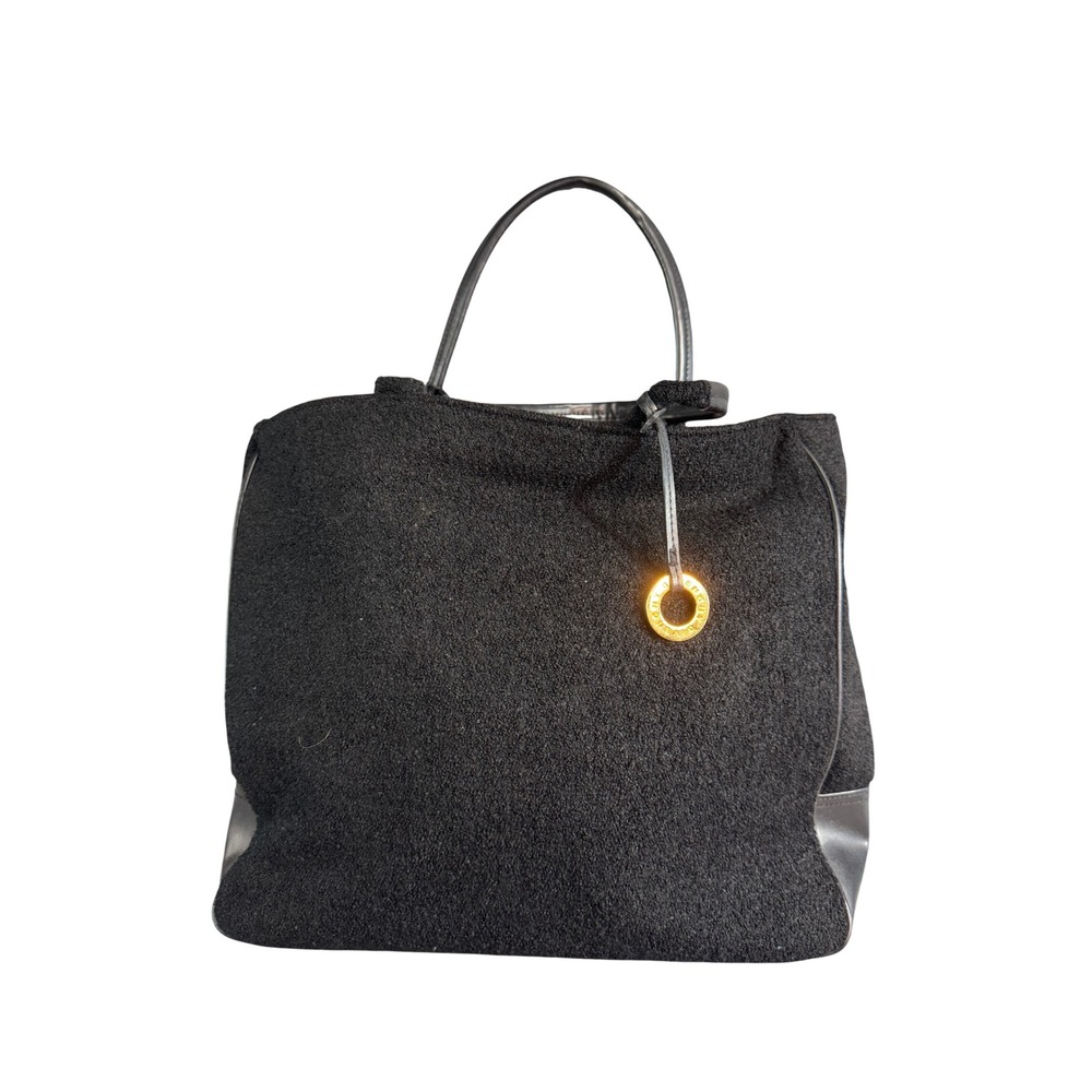 Givenchy Black Boucle Wool Leather Trim Tote Bag Gold Logo Charm Handbag